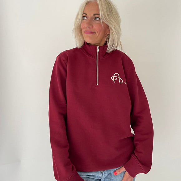 Berry Red Funnel Neck Half Zip Spaghetti A. Embroidered Sweatshirt