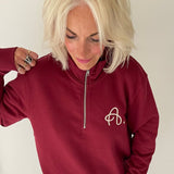 Berry Red Funnel Neck Half Zip Spaghetti A. Embroidered Sweatshirt